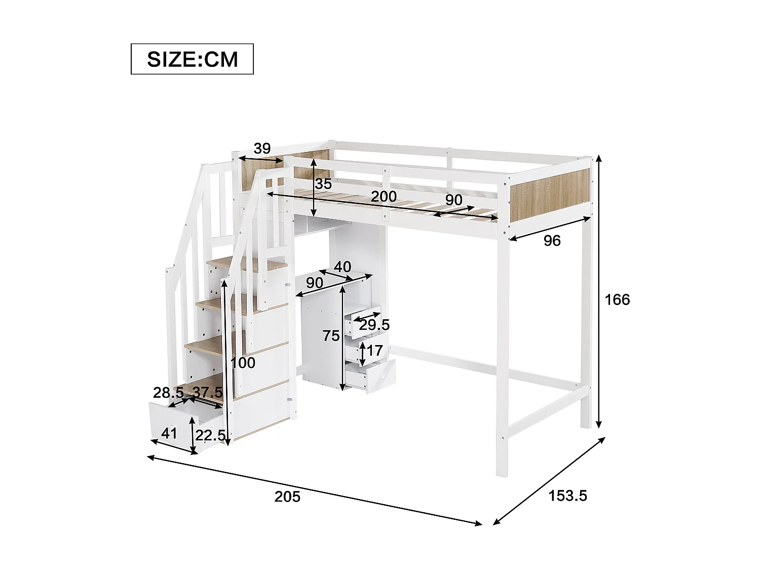 Cama alta 90x200cm con 4 cajones y escritorio - Cama infantil en pino y MDF - Blanco y madera