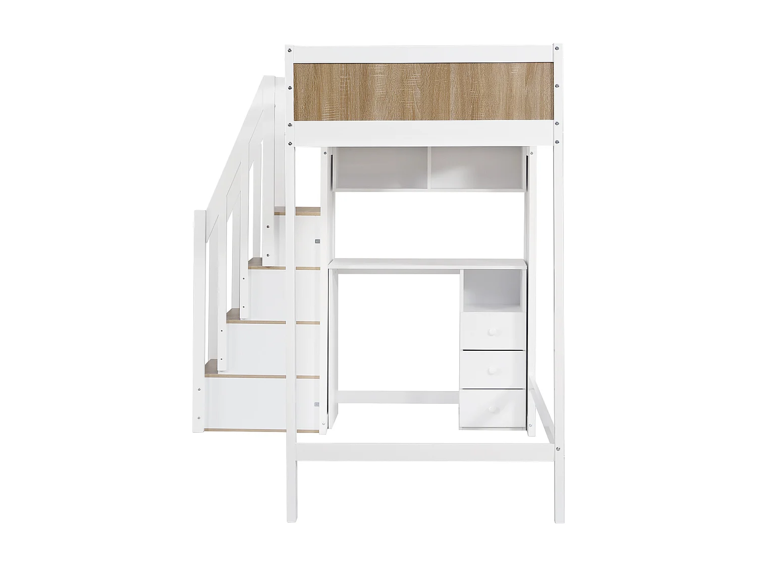 Cama alta 90x200cm con 4 cajones y escritorio - Cama infantil en pino y MDF - Blanco y madera