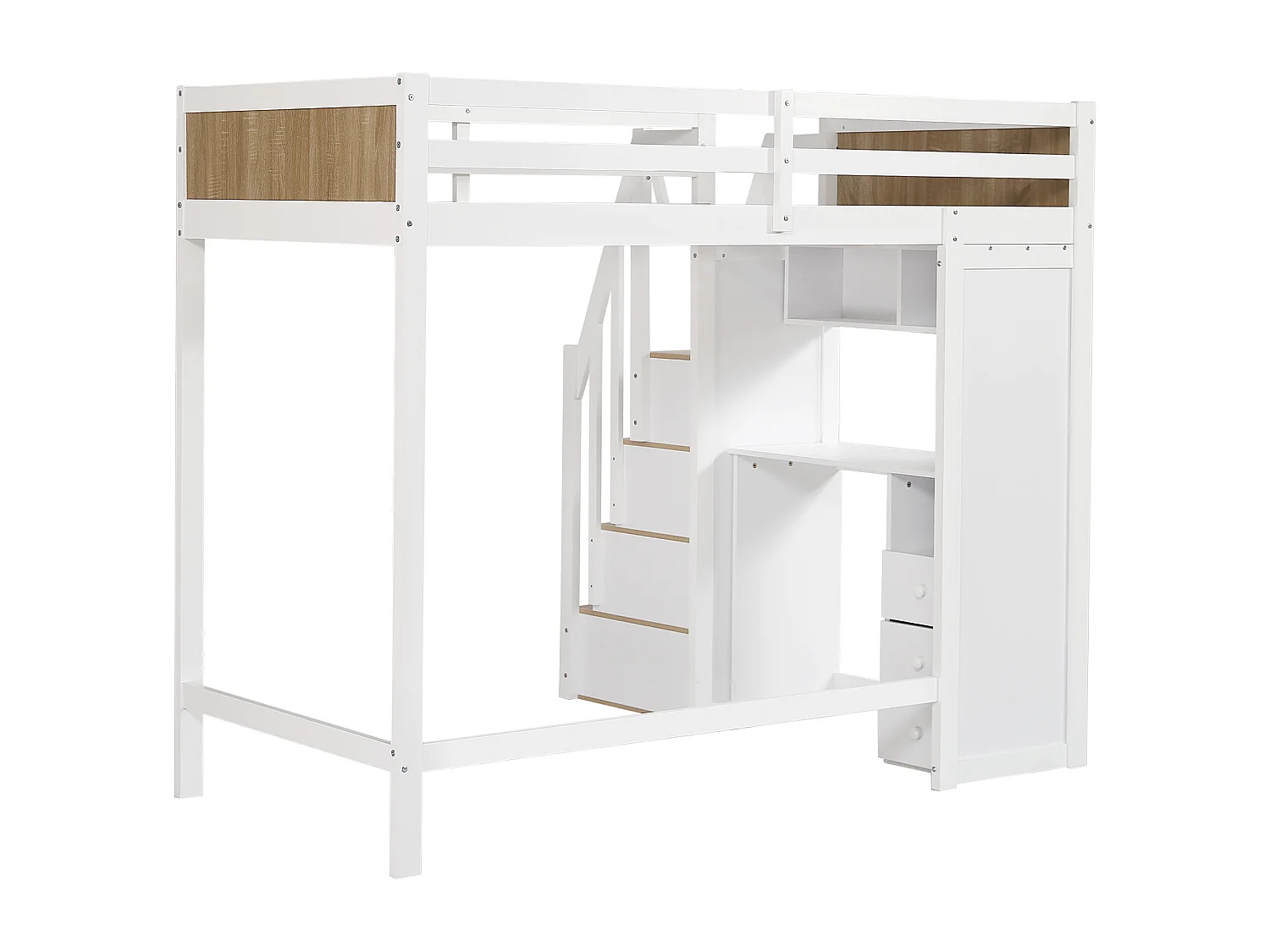 Cama alta 90x200cm con 4 cajones y escritorio - Cama infantil en pino y MDF - Blanco y madera