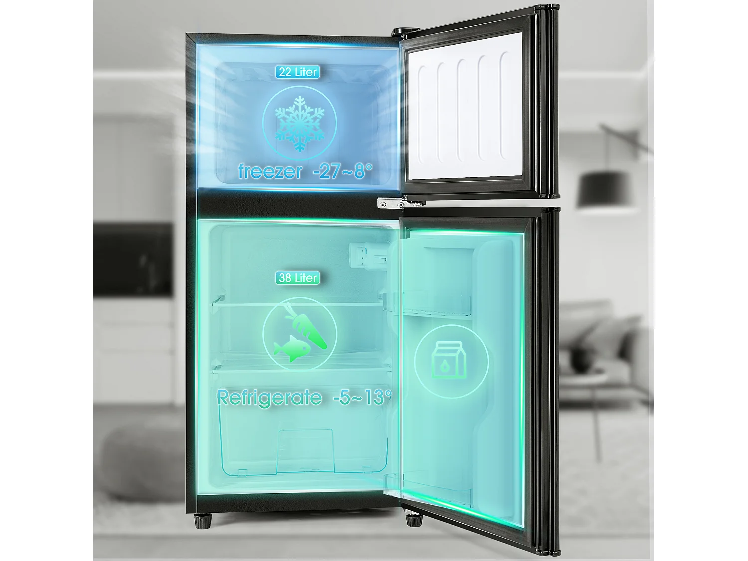 Réfrigérateur de 60 L avec congélateur 22 L et 2 portes ,LED - Noir