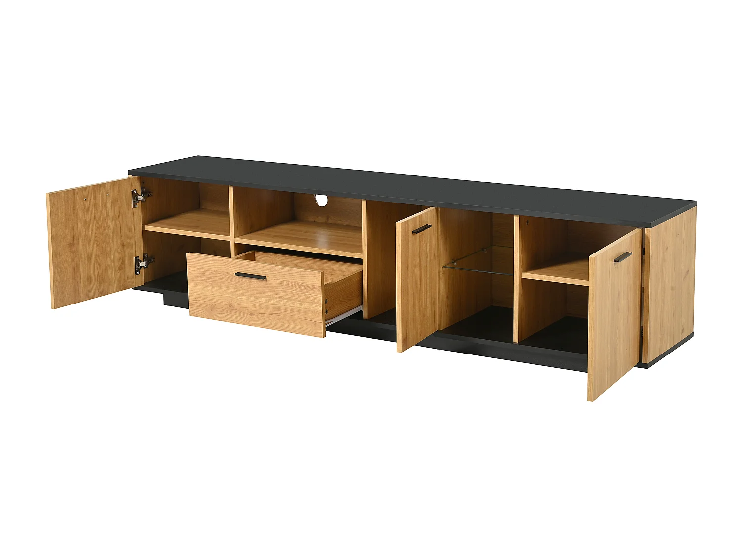Tv-meubel met één lade, drie deuren en ledverlichting - Zwart blad - Licht natuurlijk