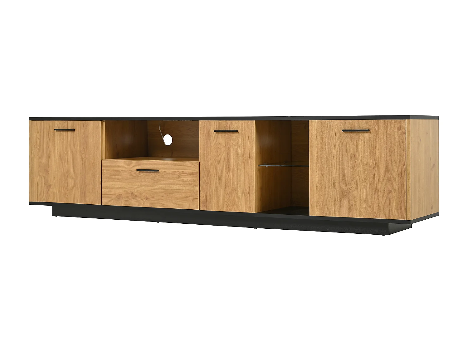 Tv-meubel met één lade, drie deuren en ledverlichting - Zwart blad - Licht natuurlijk