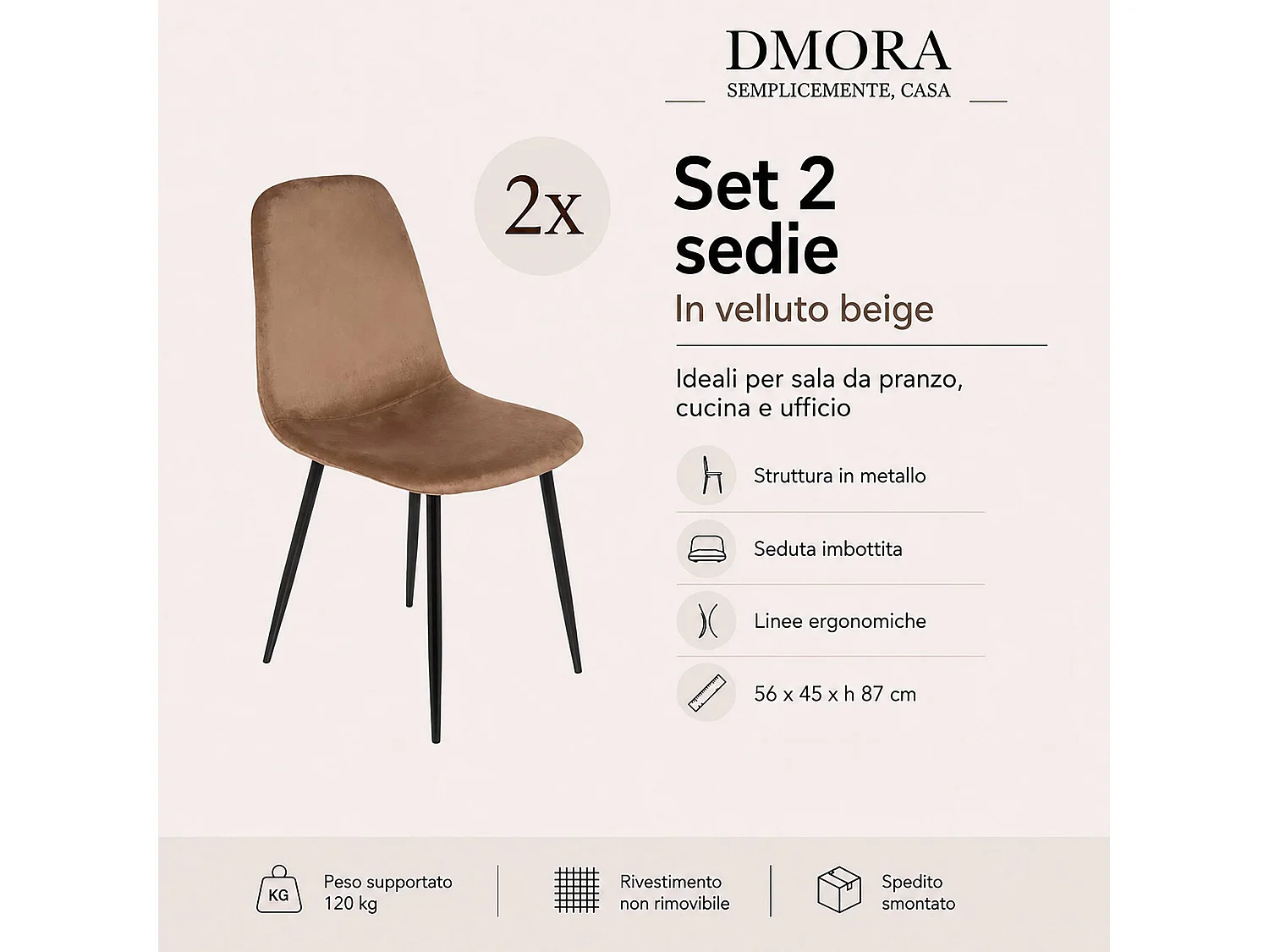 Ensemble de 2 chaises Dacampor, Fauteuil recouvert de velours, Chaise de salle à manger rembourrée, Siège de réunion, 45x56h87 cm, Sable