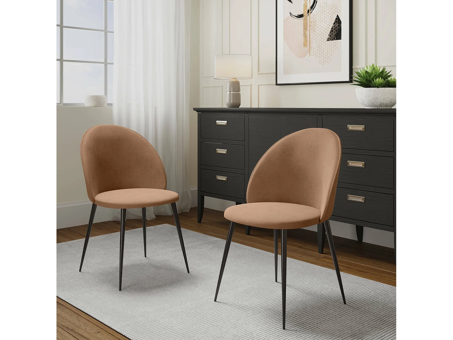 Set van 2 Dabruzzes stoelen, Fluwelen beklede fauteuil, Gestoffeerde eetkamerstoel, Vergaderzitting, 51x54h82 cm, Zand
