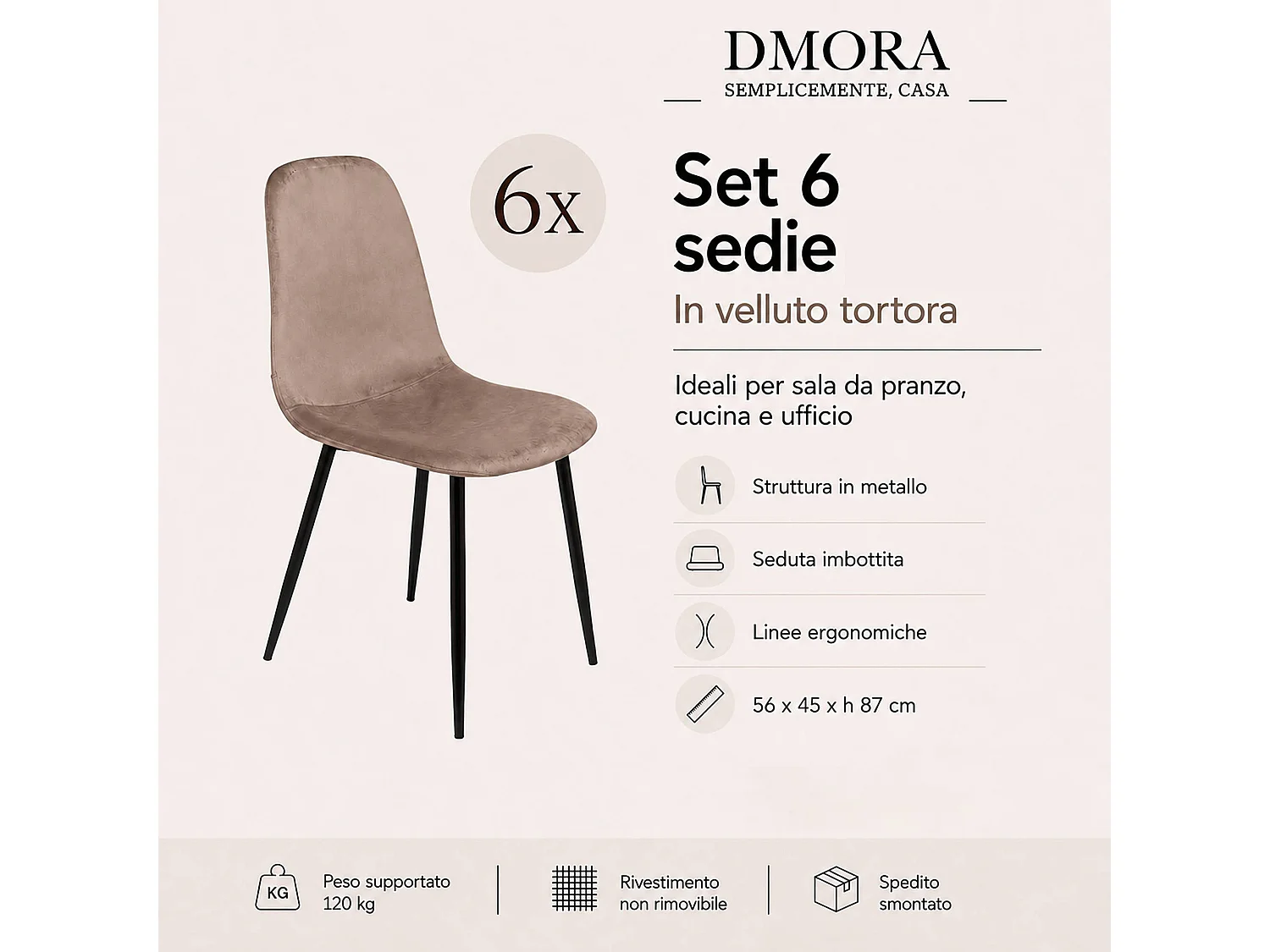 Conjunto de 6 cadeiras Dacampor, Cadeirão revestido a veludo, Cadeira de jantar estofada, Assento de reunião, 45x56h87 cm, Cinzento