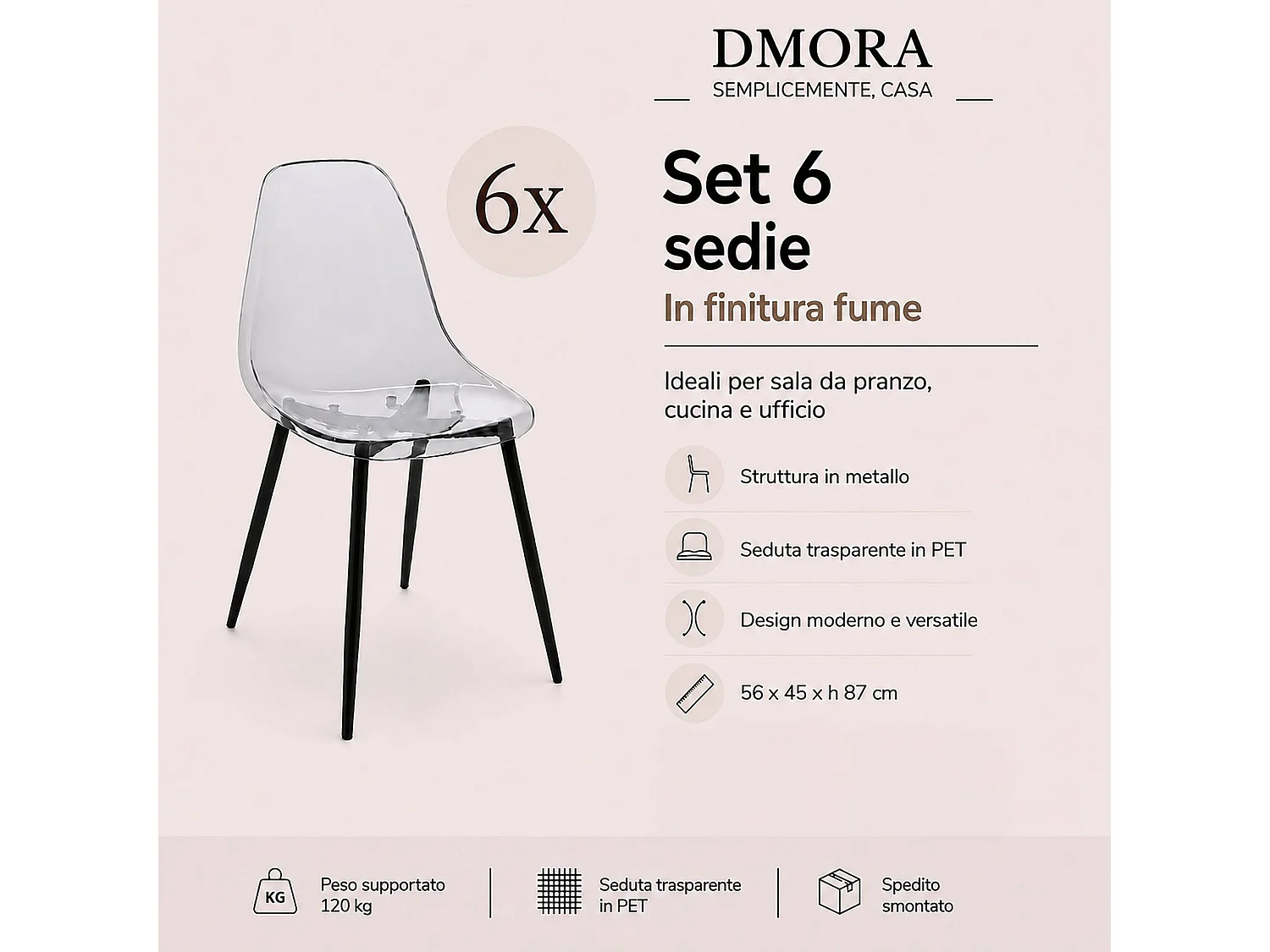 Ensemble de 6 chaises Dabdalhad, fauteuil PET, Chaise de salle à manger ergonomique, Siège de réunion, 53x46h81 cm, Fumée