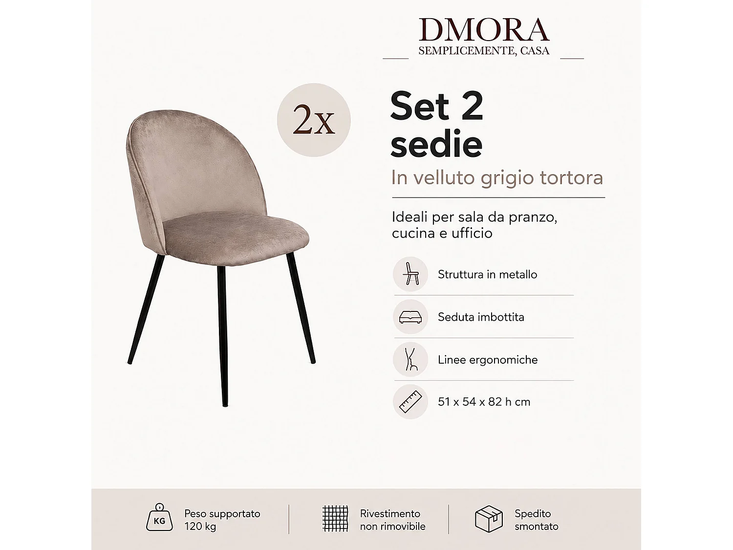 Ensemble de 2 chaises Dabruzzes, Fauteuil recouvert de velours, Chaise de salle à manger rembourrée, Siège de réunion, 51x54h82 cm, Gris