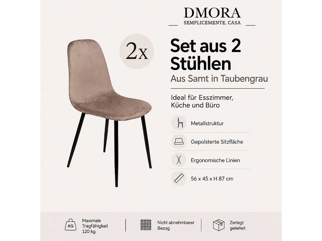 Set aus 2 Dacampor-Stühlen, Sessel mit Samtbezug, gepolsterter Esszimmerstuhl, Besprechungssitz, 45 x 56 x 87 cm, Grau