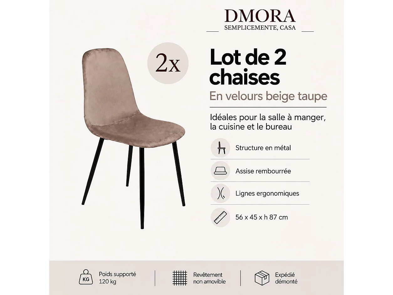 Ensemble de 2 chaises Dacampor, Fauteuil recouvert de velours, Chaise de salle à manger rembourrée, Siège de réunion, 45x56h87 cm, Gris
