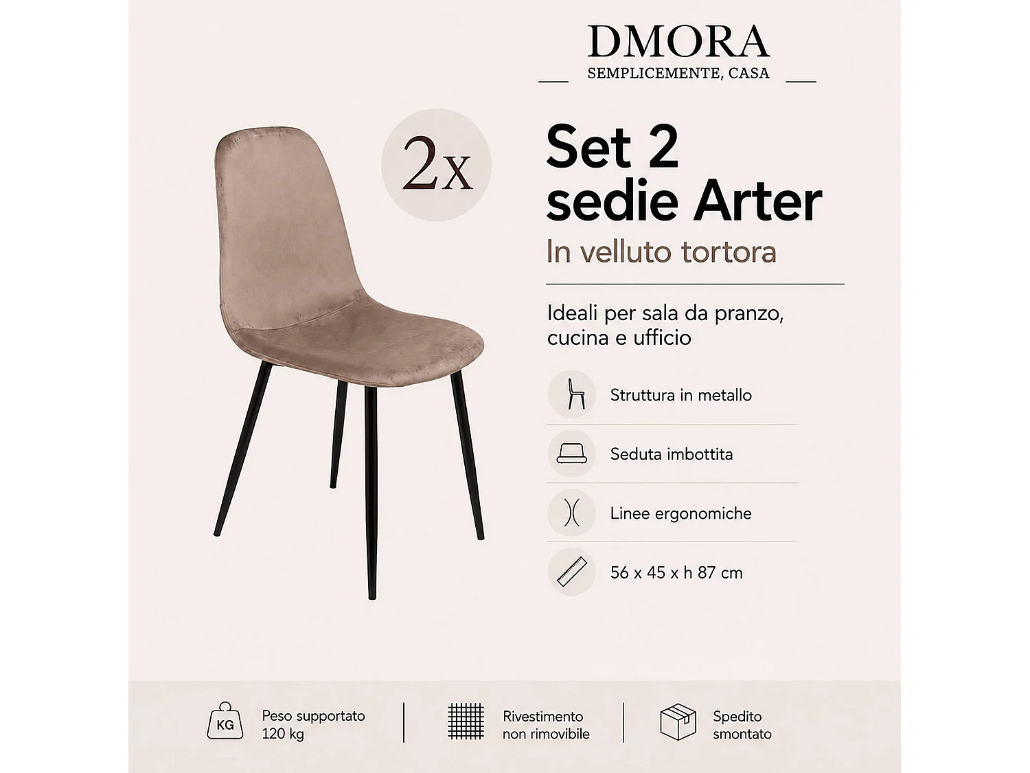Set van 2 Dacampor stoelen, Fluwelen fauteuil, Gestoffeerde eetkamerstoel, Vergaderzitting, 45x56h87 cm, Grijs