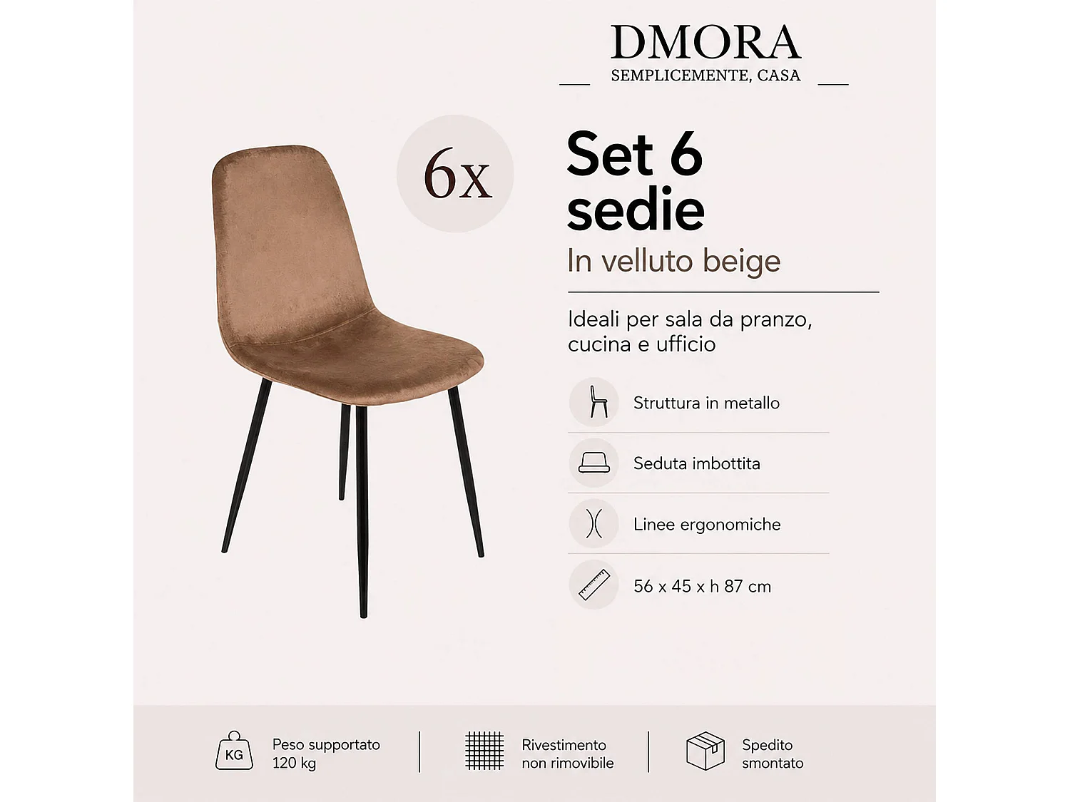 Ensemble de 6 chaises Dacampor, Fauteuil recouvert de velours, Chaise de salle à manger rembourrée, Siège de réunion, 45x56h87 cm, Sable