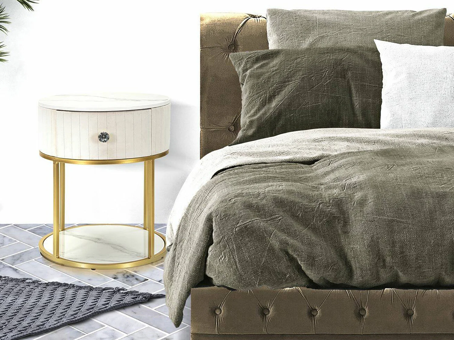 Chevet Gerhard, Commode basse, Table de nuit, Étagère de chevet, 42x42 h48 cm, Crème et Blanc