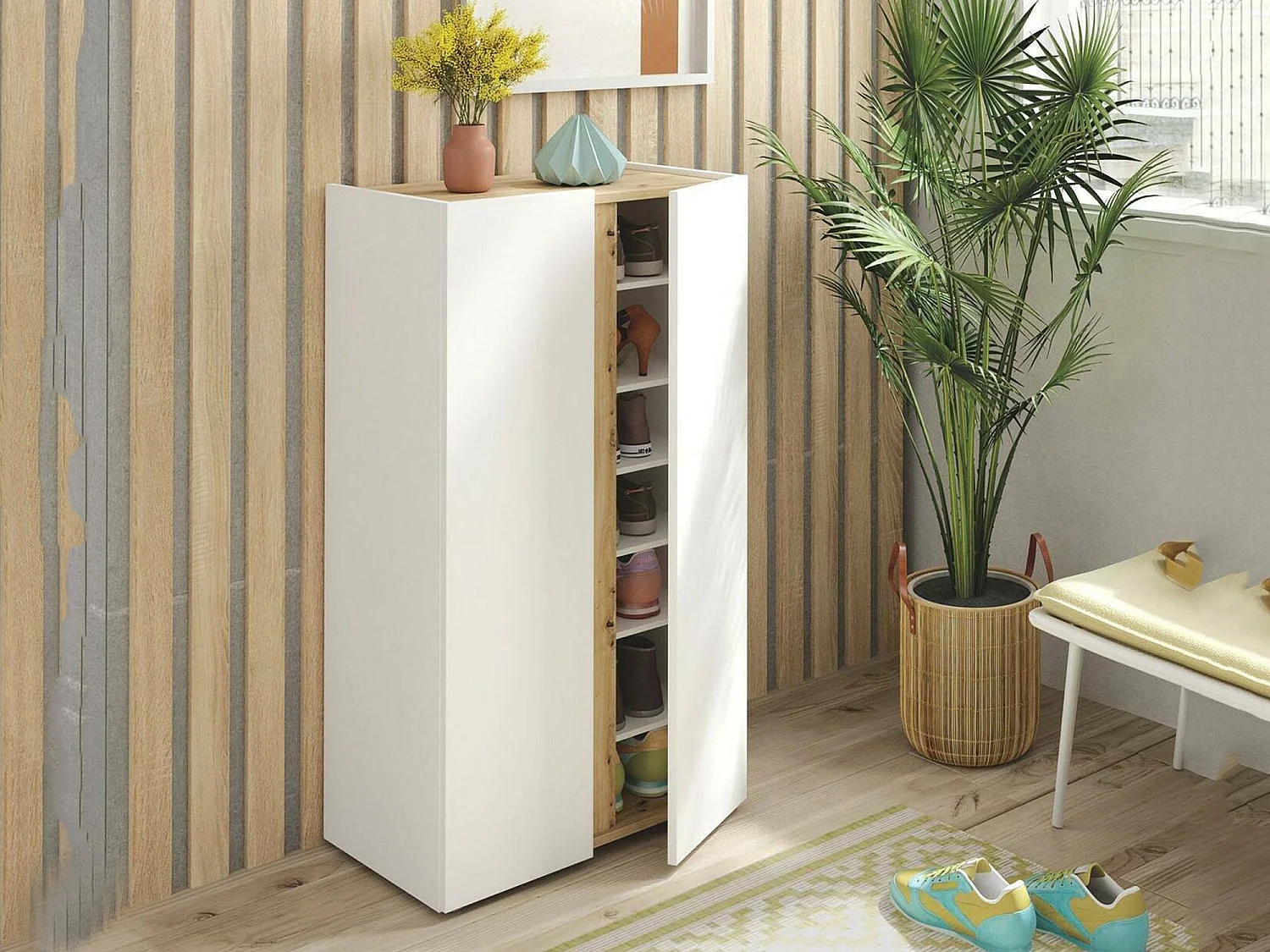 Sapateira Gotto, 28 Pares, 57x35x102h cm Branco, Armário porta-sapatos, 6 Prateleiras, 2 Portas