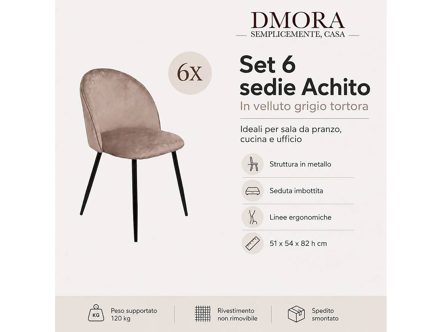 Ensemble de 6 chaises Dabruzzes, Fauteuil recouvert de velours, Chaise de salle à manger rembourrée, Siège de réunion, 51x54h82 cm, Gris