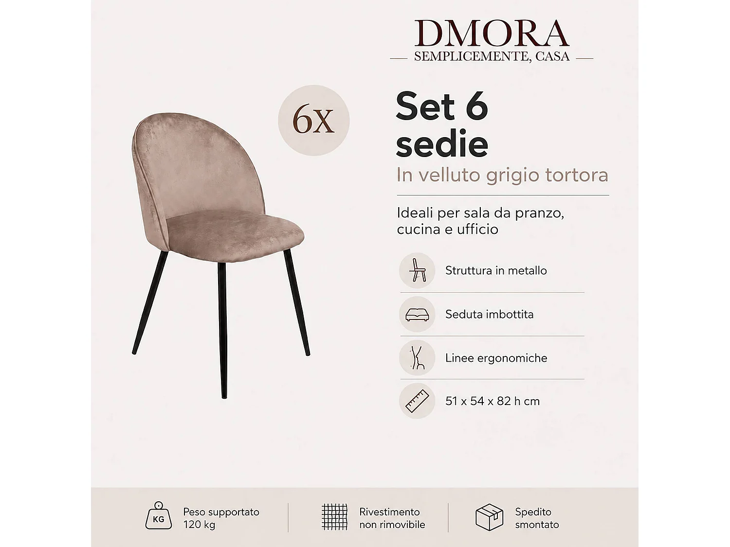 Ensemble de 6 chaises Dabruzzes, Fauteuil recouvert de velours, Chaise de salle à manger rembourrée, Siège de réunion, 51x54h82 cm, Gris
