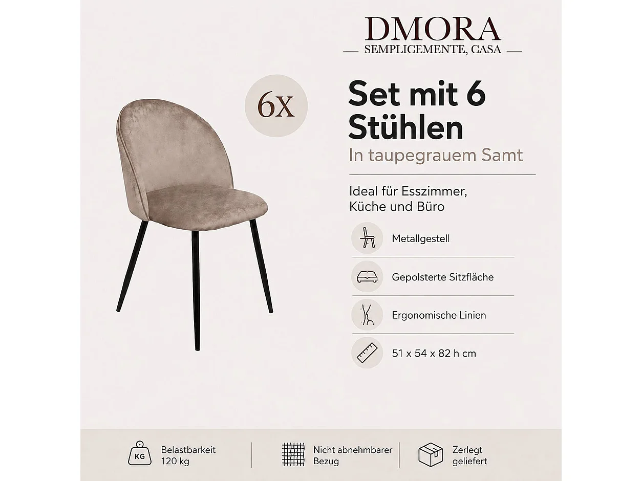 Ensemble de 6 chaises Dabruzzes, Fauteuil recouvert de velours, Chaise de salle à manger rembourrée, Siège de réunion, 51x54h82 cm, Gris
