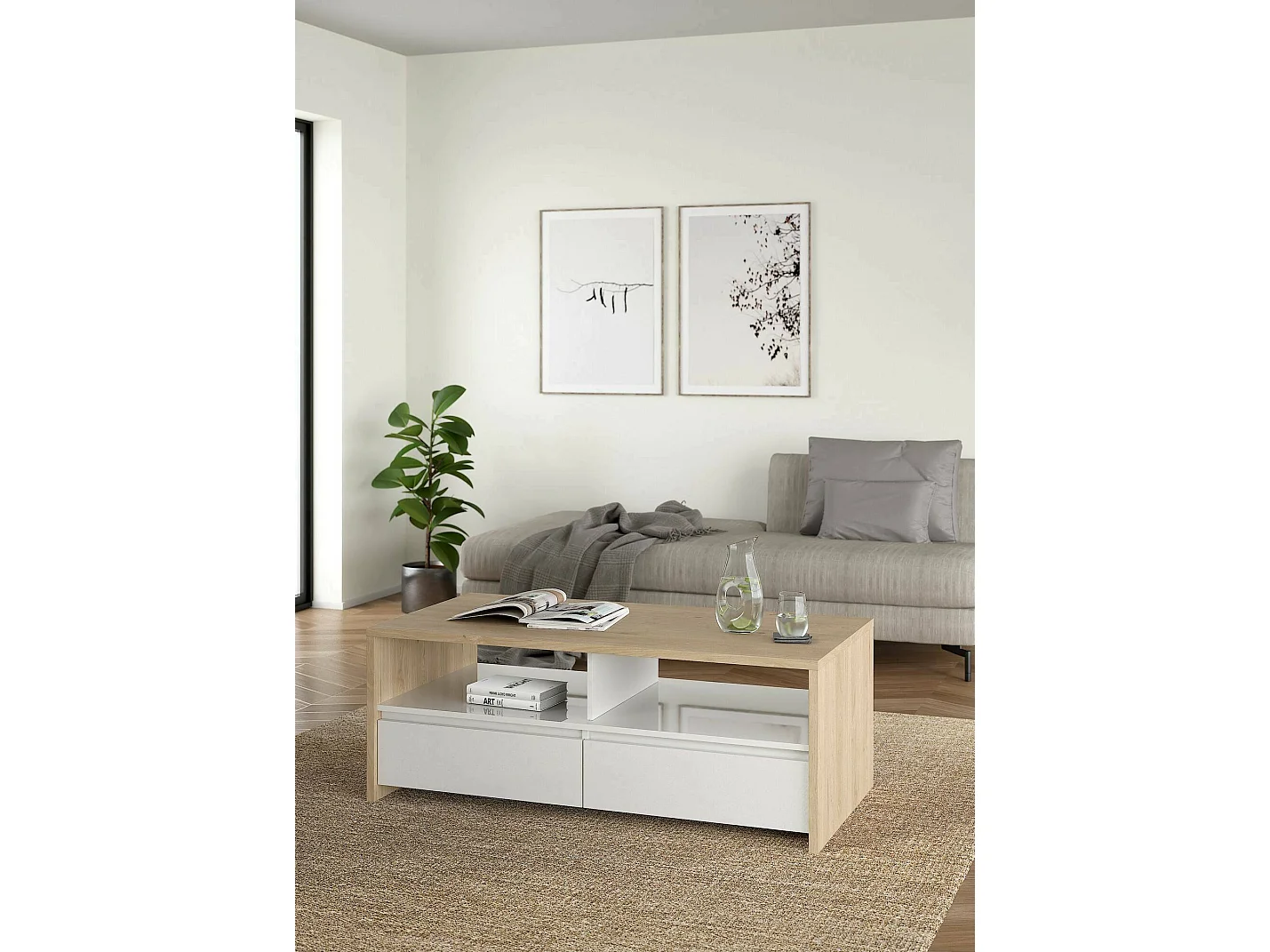 Tavolino da Salotto Shote, 2 Cassetti, 60.2x120.1x45.6h cm Bianco Lucido