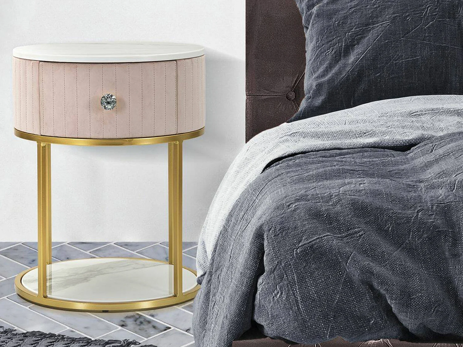 Chevet Gerhard, Commode basse, Table de nuit, Étagère de chevet, 42x42 h48 cm, Rose et Blanc