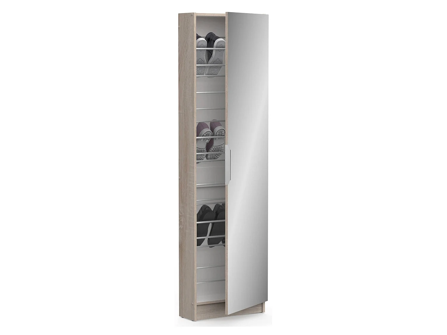 Schoenenkast, 12 paar, 50x20x181h cm bruin eiken, schoenenopberger, 6 vakken, 1 deur