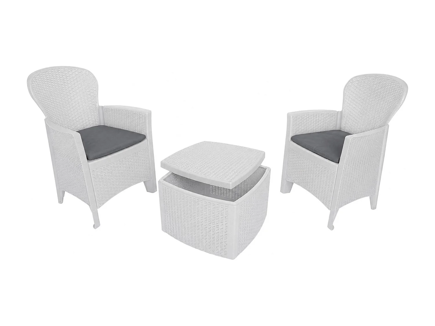 Set salon dâ€™extérieur Dakain, Salon de jardin composé de 2 fauteuils et 1 table conteneur, Salon effet rotin, 100% Made in Italy, Blanc