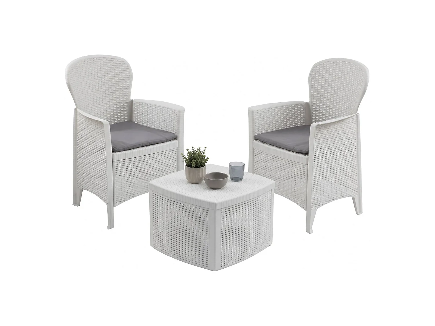 Set salon dâ€™extérieur Dakain, Salon de jardin composé de 2 fauteuils et 1 table conteneur, Salon effet rotin, 100% Made in Italy, Blanc