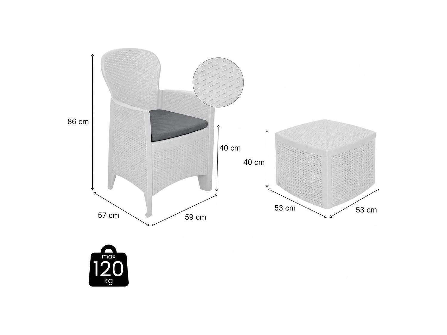 Set salon dâ€™extérieur Dakain, Salon de jardin composé de 2 fauteuils et 1 table conteneur, Salon effet rotin, 100% Made in Italy, Blanc