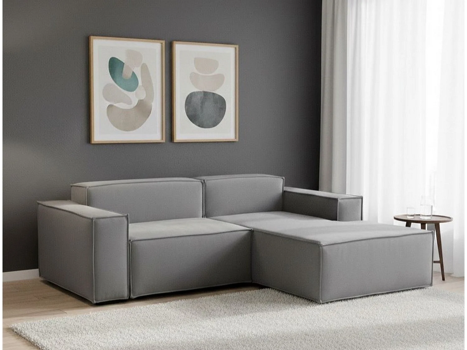 Sofá fixo Patrizia, sofá modular de 2 lugares com península direita, 100% Fabricado na Itália, Sofá de tecido moderno, 220x170h70 cm, Cinza