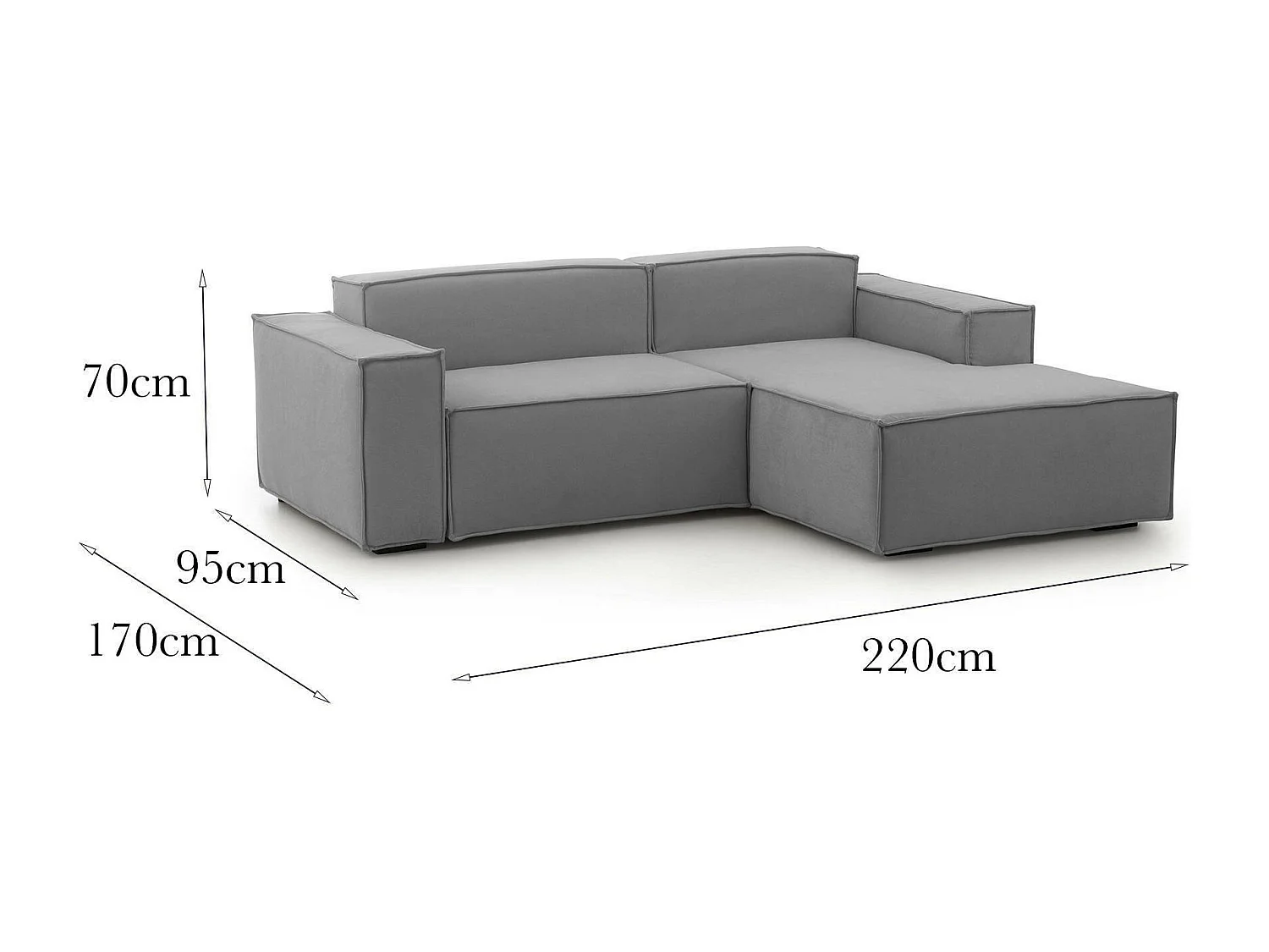 Sofá fixo Patrizia, sofá modular de 2 lugares com península direita, 100% Fabricado na Itália, Sofá de tecido moderno, 220x170h70 cm, Cinza