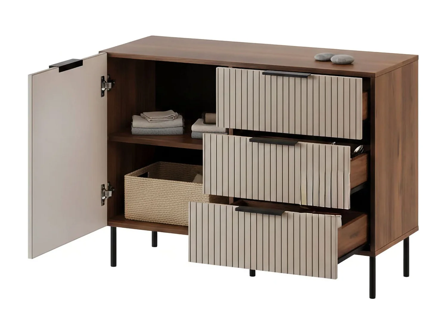 Dressoir Grad, 3 lades, 104x42x75h cm walnootbruin, buffetkast, 1 legplank, draai- en schuifdeur
