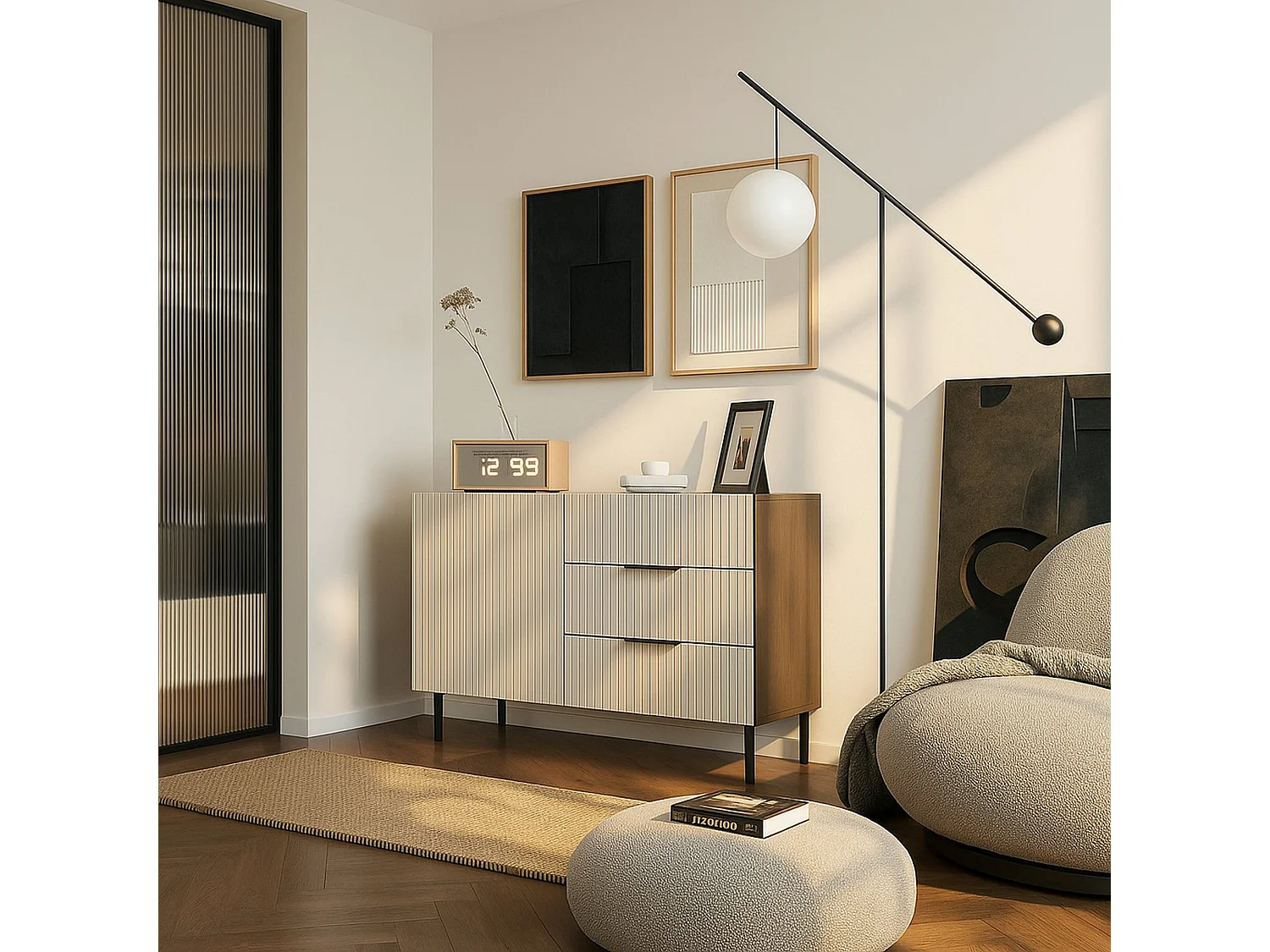 Dressoir Grad, 3 lades, 104x42x75h cm walnootbruin, buffetkast, 1 legplank, draai- en schuifdeur