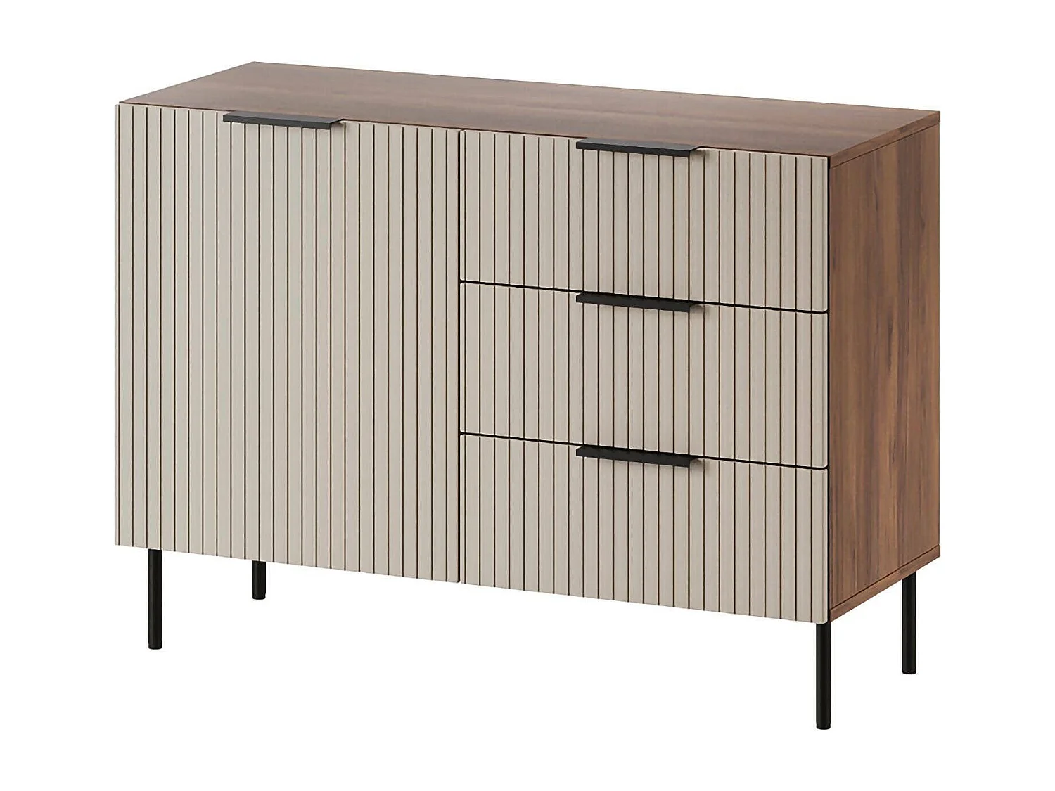 Dressoir Grad, 3 lades, 104x42x75h cm walnootbruin, buffetkast, 1 legplank, draai- en schuifdeur