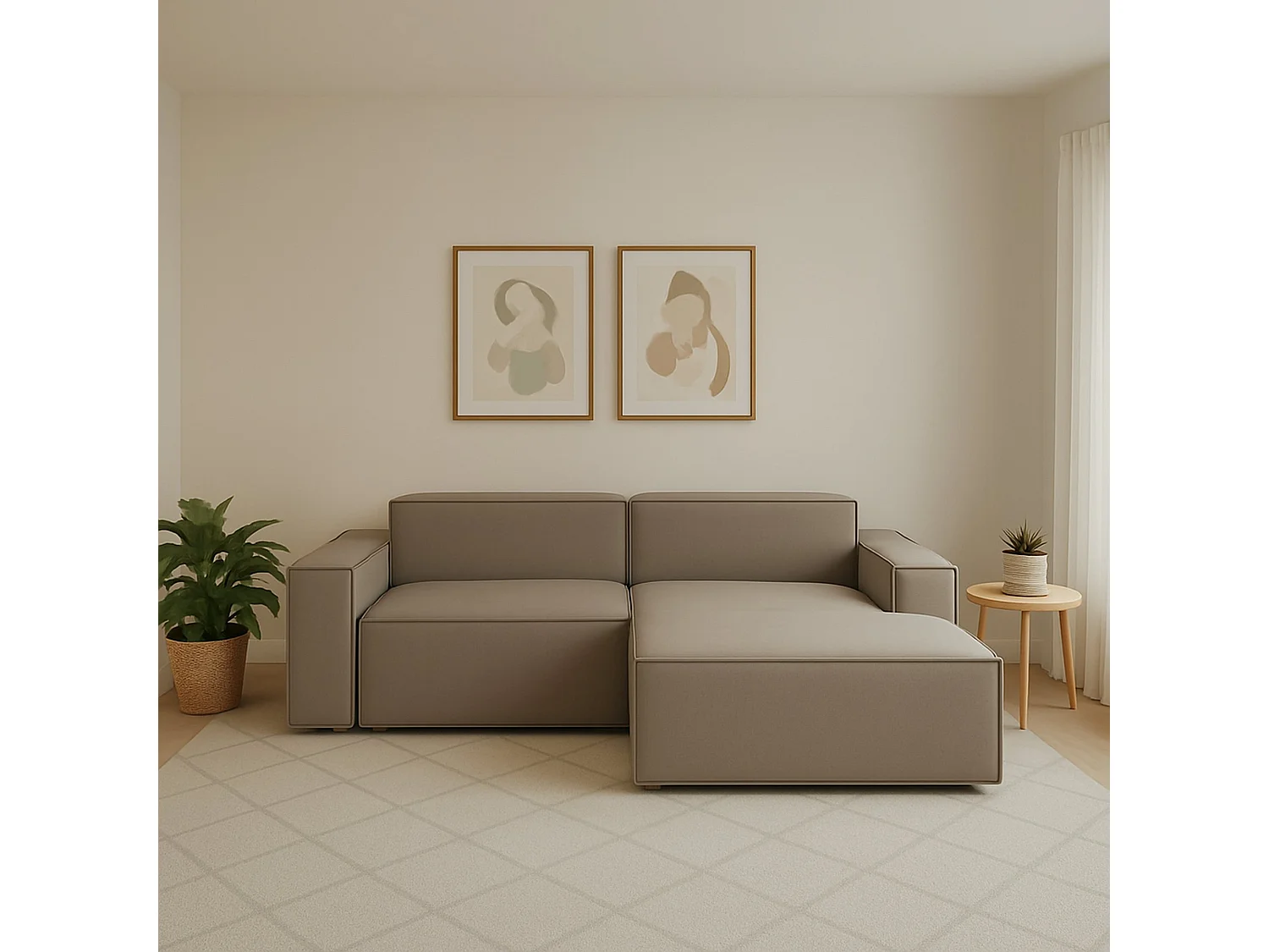 Canapé fixe Dgatta, Grand canapé modulable 2 places avec péninsule droite, 100% Made in Italy, Canapé moderne en tissu, 240x170h70 cm, Taupe