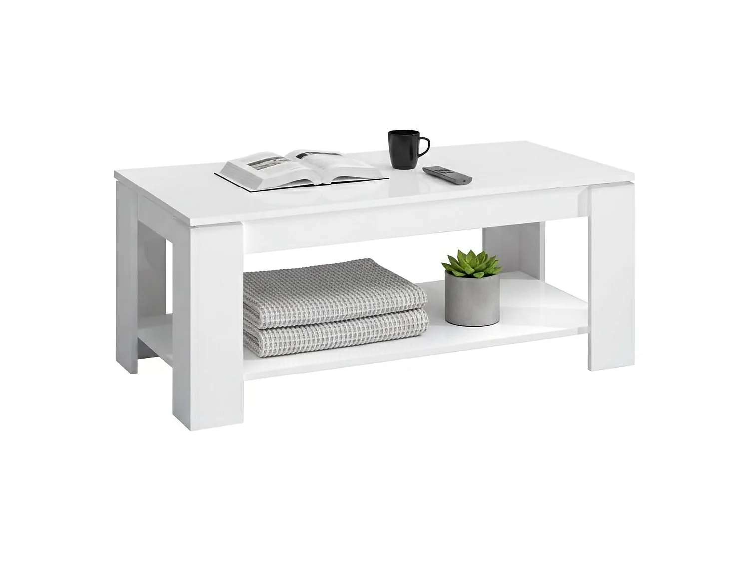 Table basse Ddeviti, Table basse avec étagère élévatrice, Table basse de salon, 102x50h43/54 cm, Blanc mat