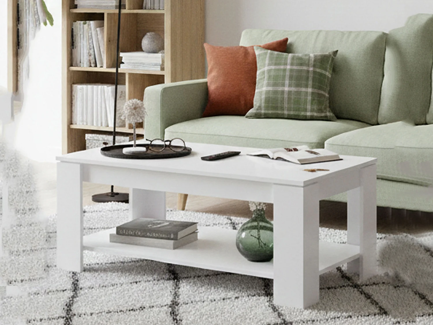 Table basse Ddeviti, Table basse avec étagère élévatrice, Table basse de salon, 102x50h43/54 cm, Blanc mat