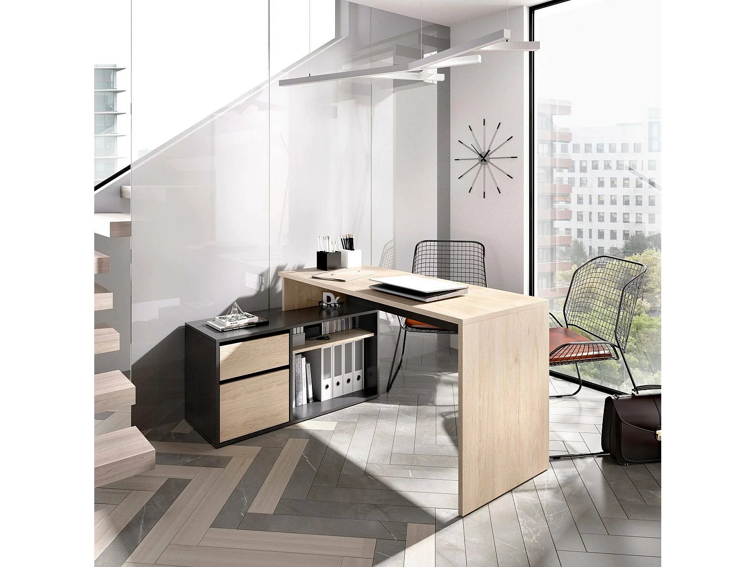 Bureau Gardena, Bureau multi-poition pour le bureau ou la chambre, Table d'étude d'angle polyvalente, 139x92h75 cm, Chêne et Anthracite