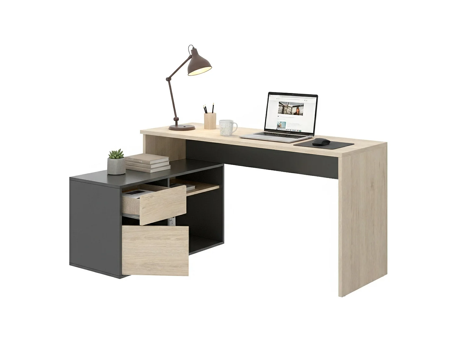 Bureau Gardena, Bureau multi-positions pour le bureau ou la chambre, Table d'étude d'angle polyvalente, 139x92h75 cm, Chêne et Anthracite