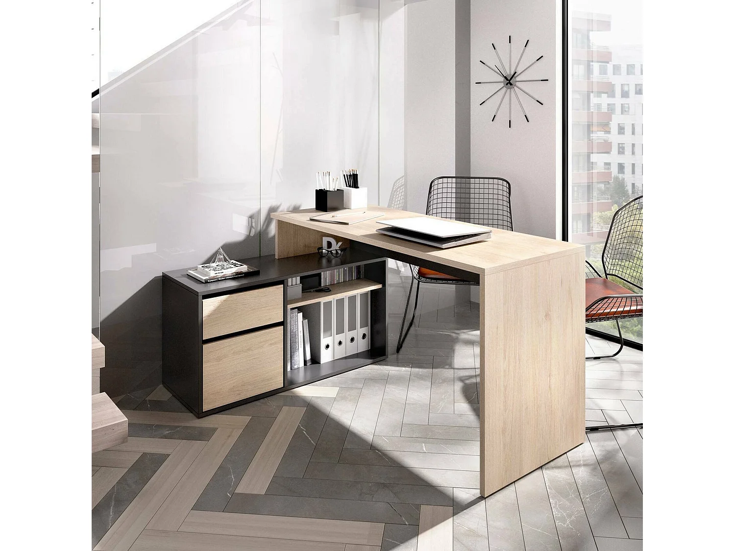 Bureau Gardena, Bureau multi-positions pour le bureau ou la chambre, Table d'étude d'angle polyvalente, 139x92h75 cm, Chêne et Anthracite