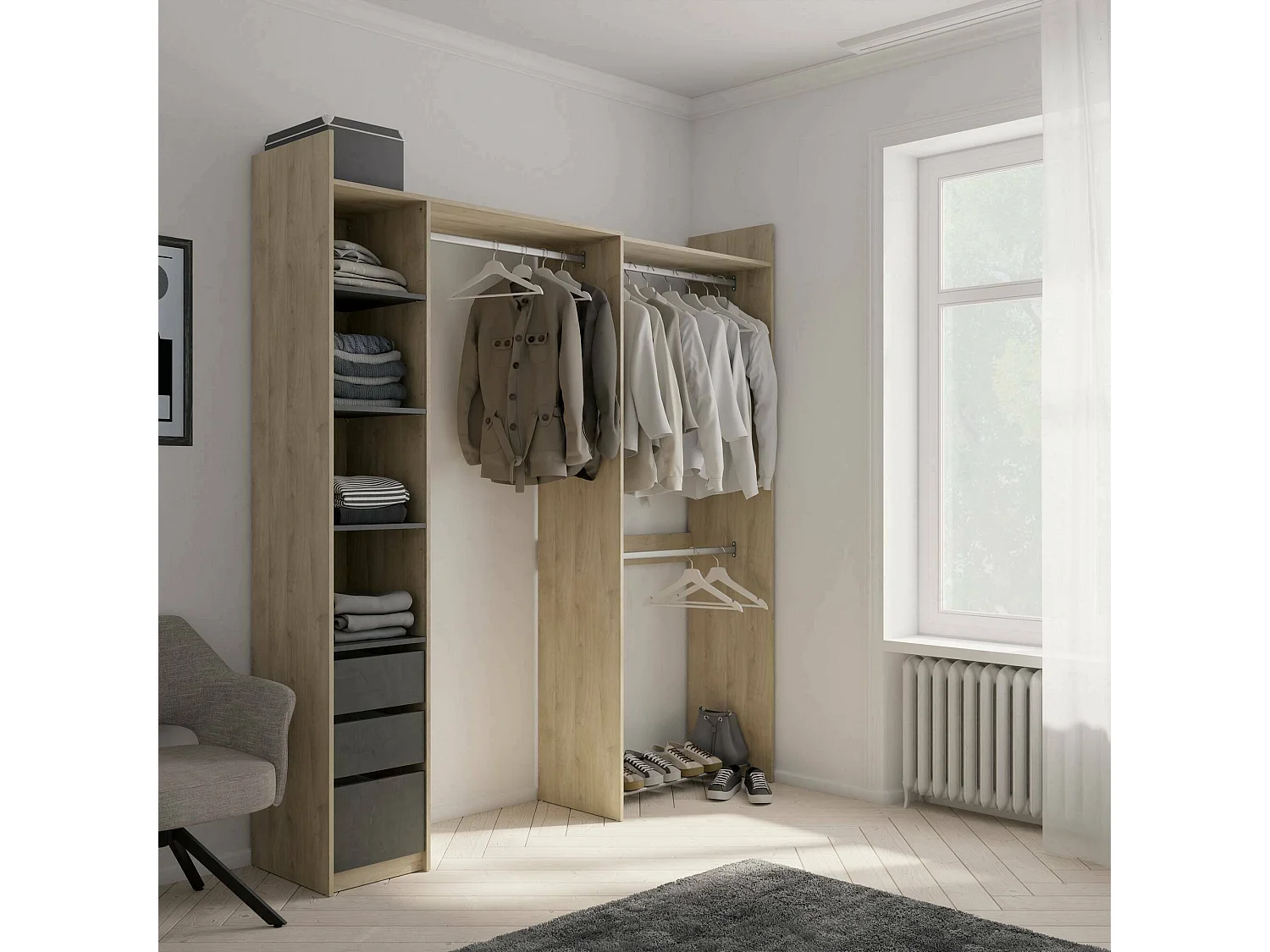 Grande Garde-robe Dshimiz, Meubles de chambre, Penderie de plain-pied, Placard à vêtements, 200x44 h218 cm, Chêne clair