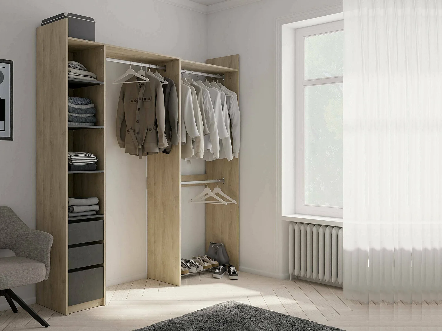 Grande Garde-robe Dshimiz, Meubles de chambre, Penderie de plain-pied, Placard à vêtements, 200x44 h218 cm, Chêne clair