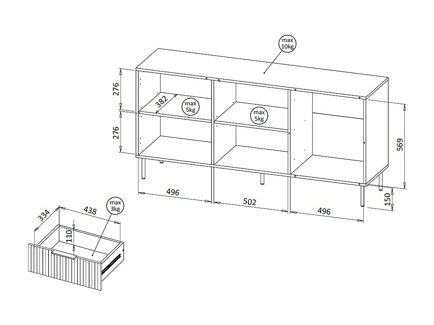 Credenza Braganza, 2 Ripiani, 42x156x75h cm Marrone Noce, Madia