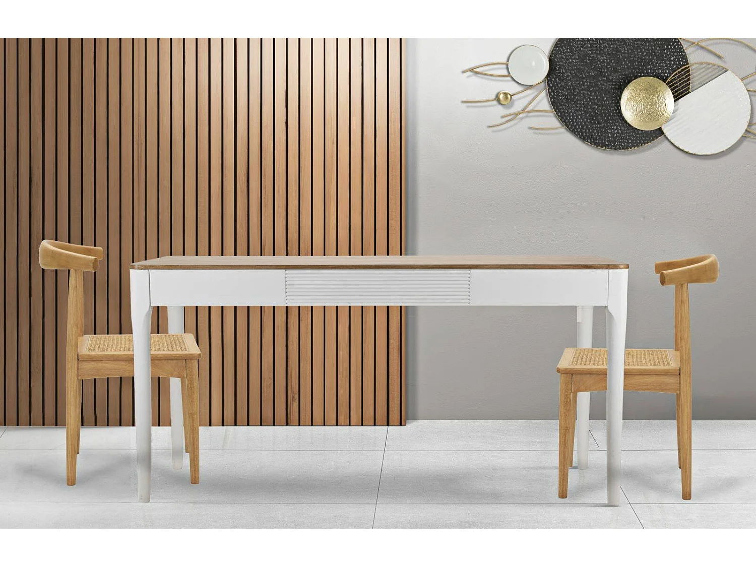 Dindga vaste tafel, Keukenplank, Eetkamerconsole, Vaste rechthoekige plank, 180x60 h80 cm, Wit en Bruin