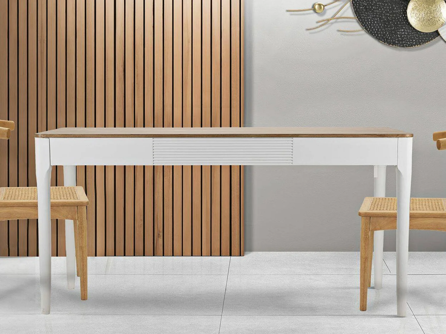 Table fixe Dindga, Etagère de cuisine, Consolle à manger, Table rectangulaire fixe, 180x60 h80 cm, Blanc et marron