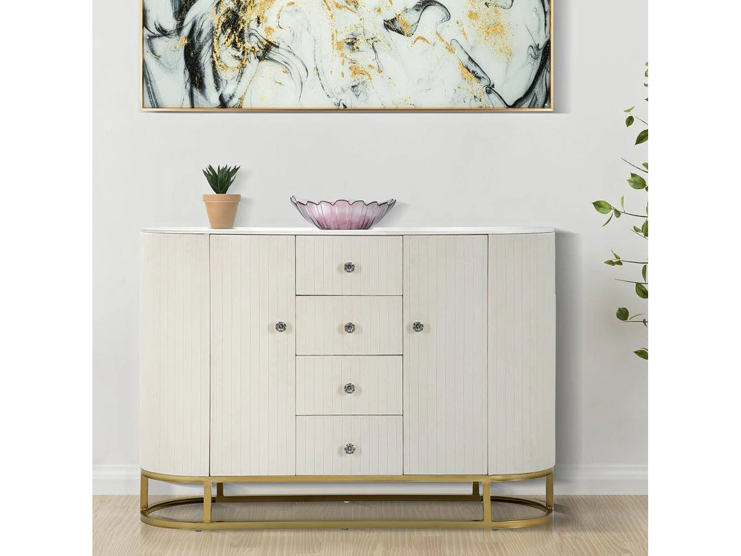 Kommode Lodovico, Wohnzimmerbuffet, Wohnzimmer-Sideboard, Moderne Küchen-Speisekammer, 120x40 h85 cm, Creme und WeiÃŸ