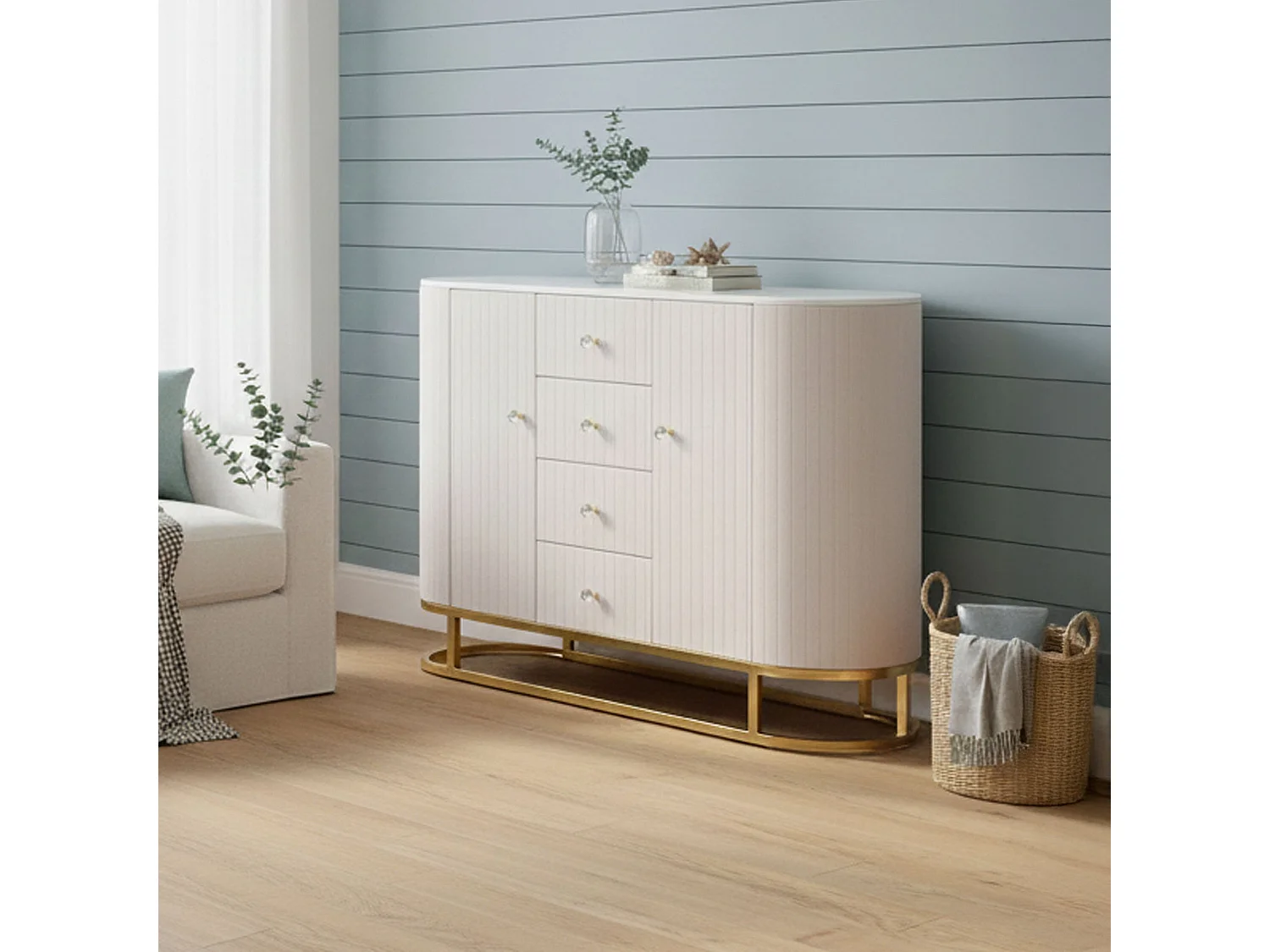 Buffet Lodovico, Buffet du salon, Commode de salon, Garde-manger de cuisine, 120x40 h85 cm, Crème et Blanc