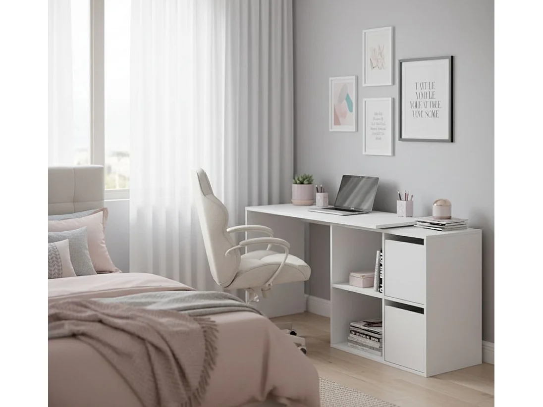 Bureau Divkovi, Bureau multifonction modulaire avec étagère, Table d'étude ou de bureau multi-positions avec montage en coin, 152x49h74 cm, Blanc