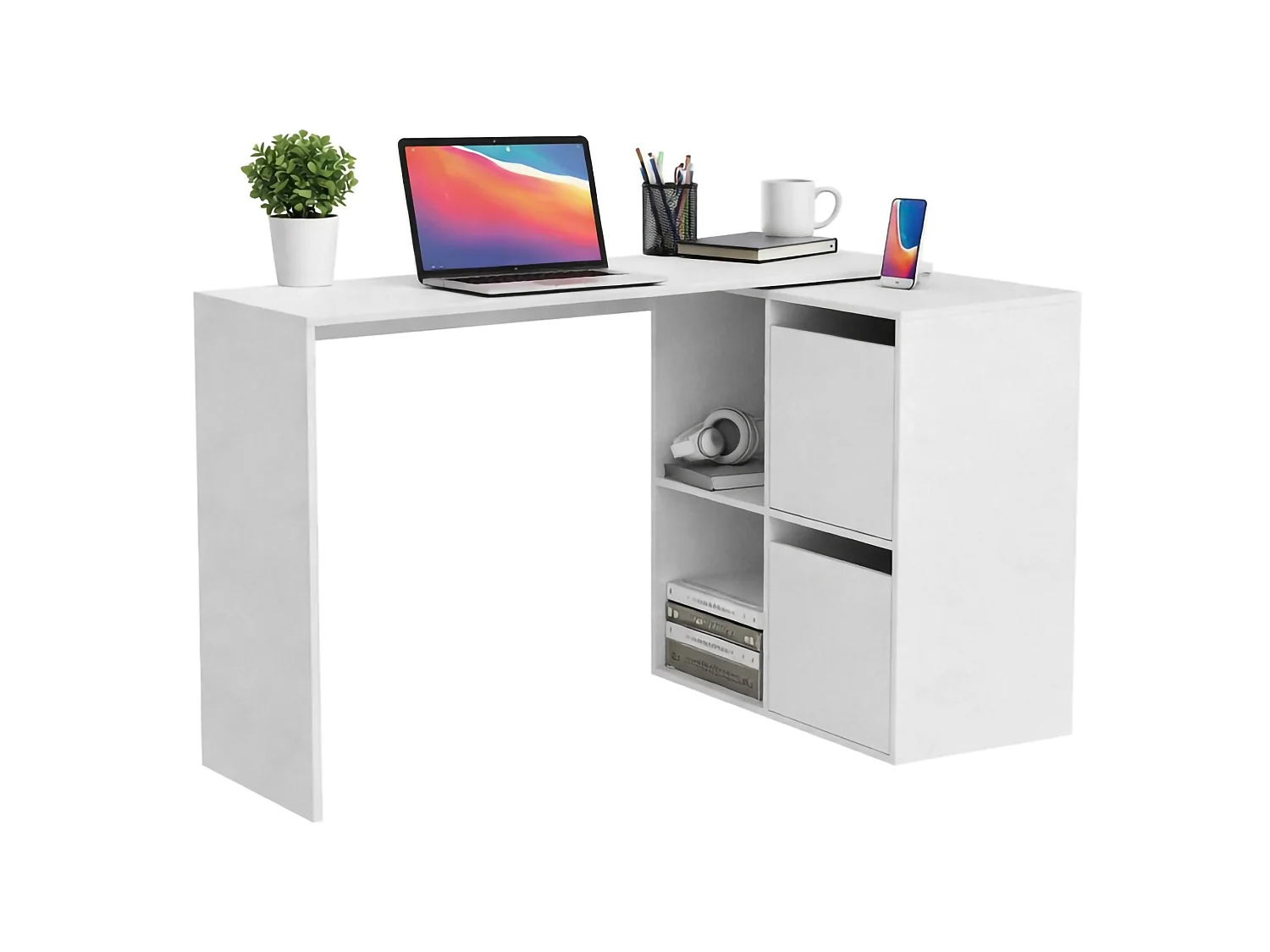 Bureau Divkovi, Bureau multifonction modulaire avec étagère, Table d'étude ou de bureau multi-positions avec montage en coin, 152x49h74 cm, Blanc