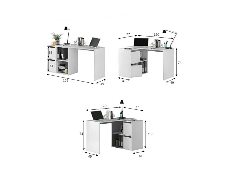 Bureau Divkovi, Bureau multifonction modulaire avec étagère, Table d'étude ou de bureau multi-positions avec montage en coin, 152x49h74 cm, Blanc