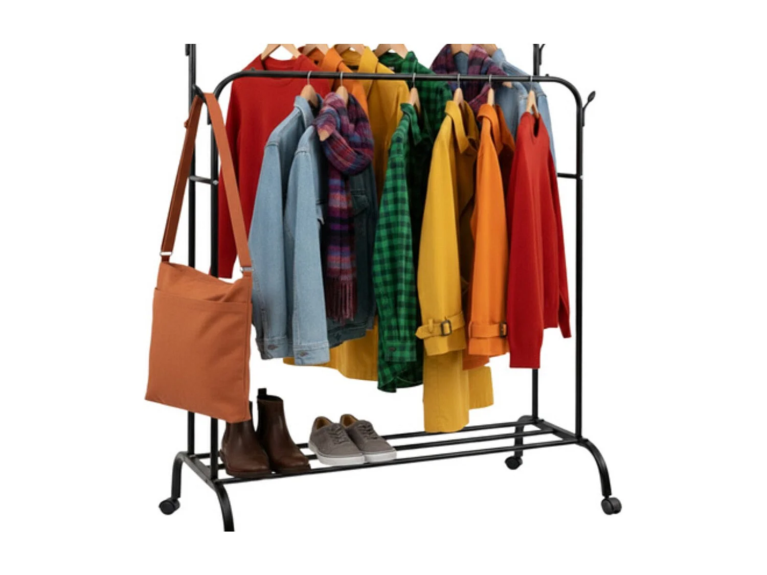 Porte Manteau Noir Sur Roulettes Avec Double Barre Et Étagère 150 x 110 x 57 cm