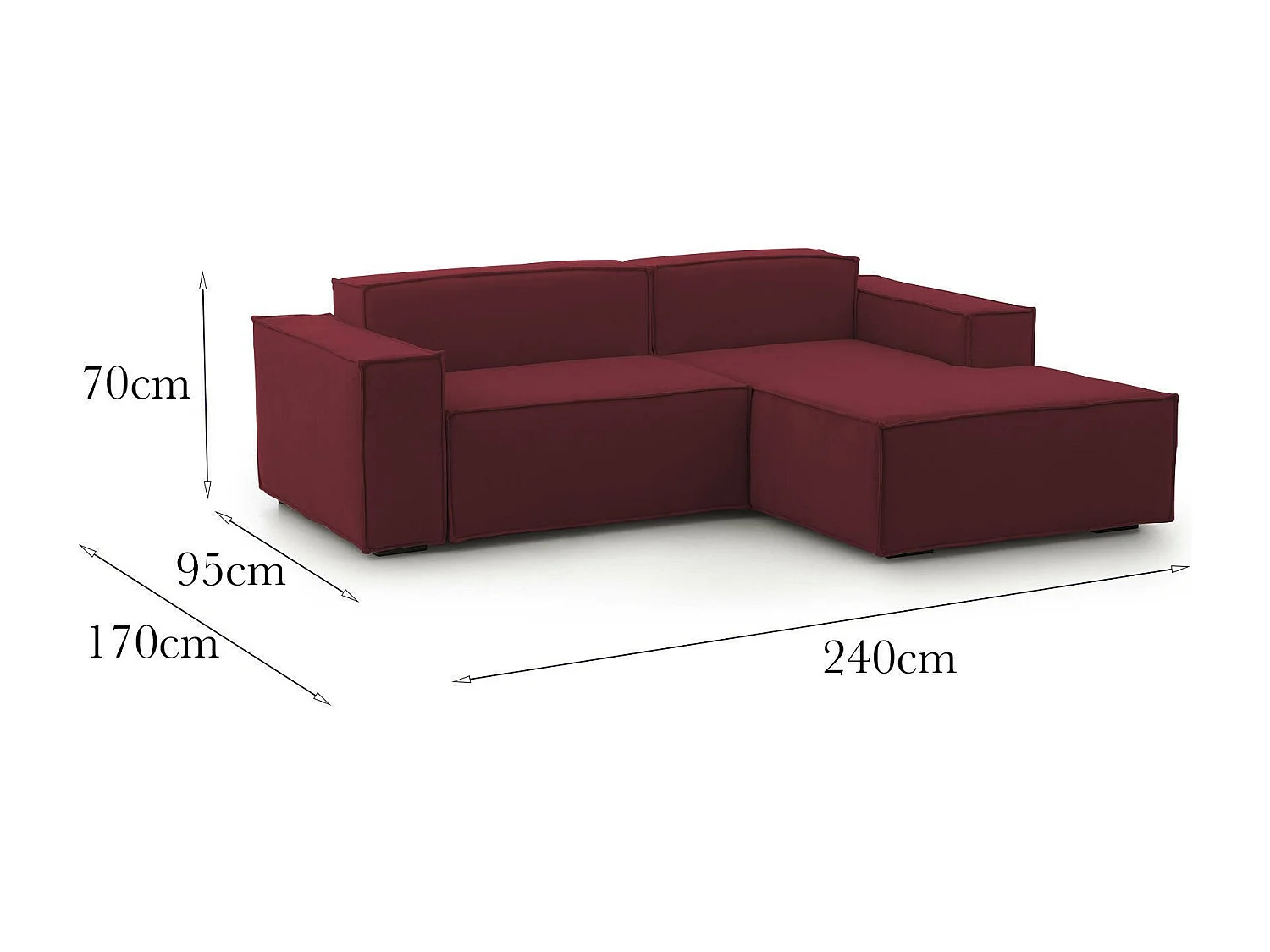 Canapé fixe Lidia, Grand canapé modulable 2 places avec péninsule droite, 100% Made in Italy, Canapé moderne en tissu, 240x170h70 cm, Rouge