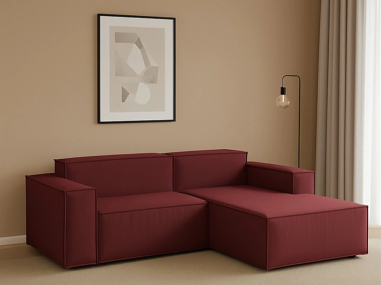 Sofá fixo Lidia, Sofá modular grande de 2 lugares com península direita, 100% Fabricado na Itália, Sofá de tecido moderno, 240x170h70 cm, Vermelho